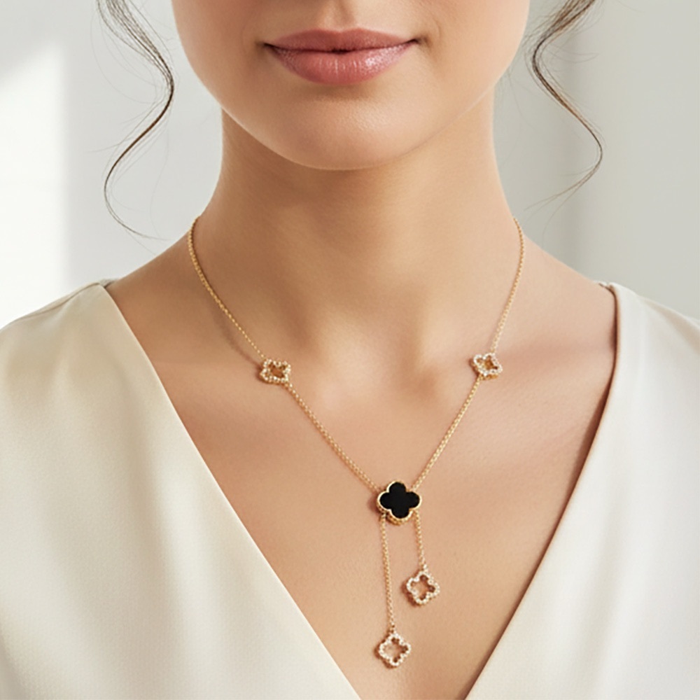 Gold Dipped CZ Pave Quatrefoil Charm Drop Necklace
